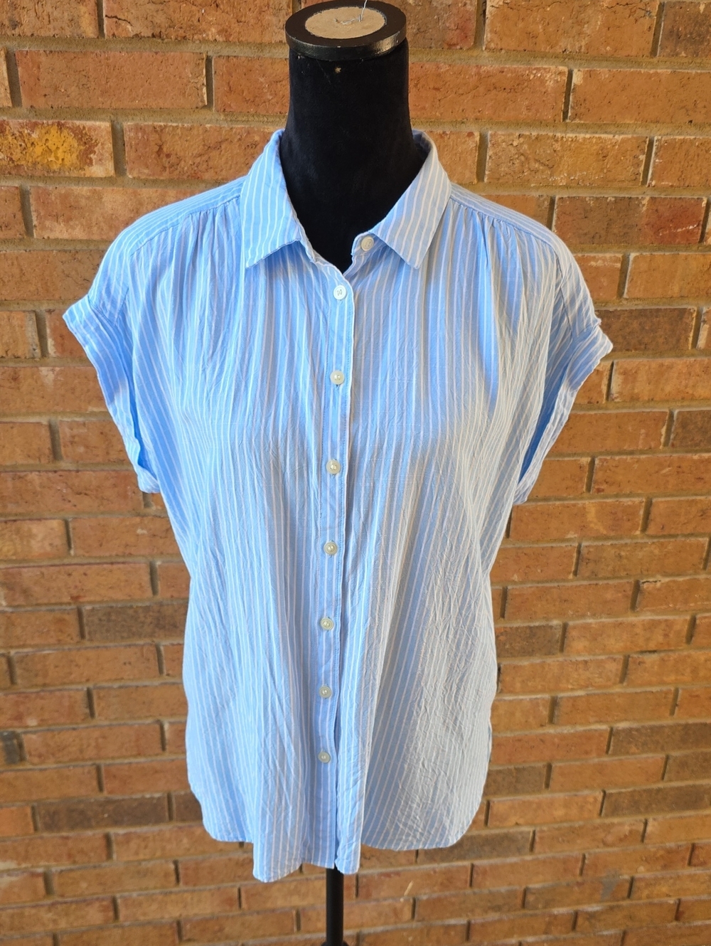LOFT Blue and White Striped Short Sleeve Button-Down Blouse Size Large